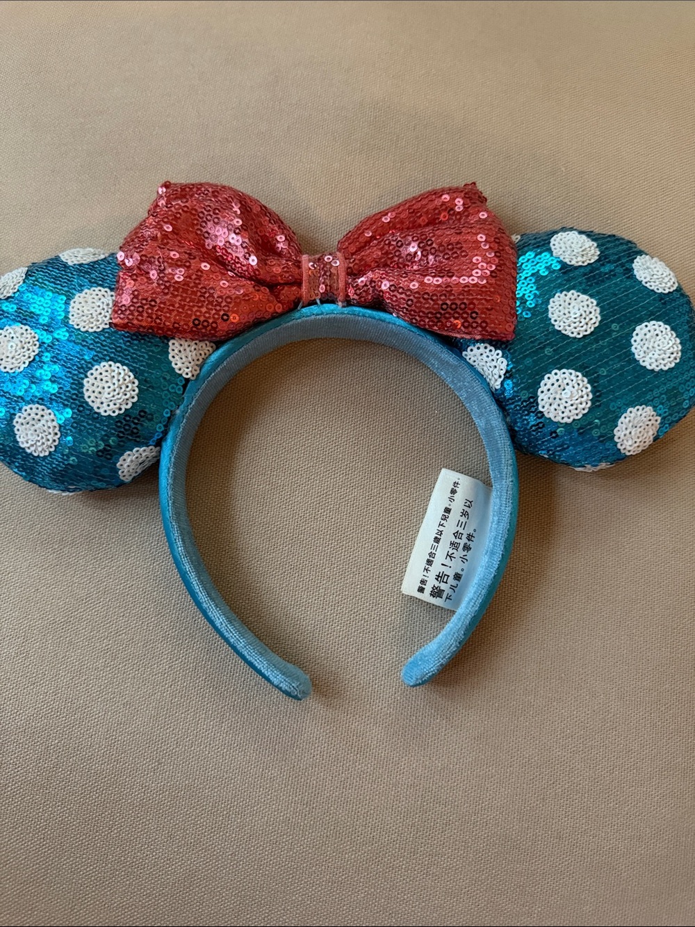 Disney Parks Blue Sequin Polka Dot Minnie Mouse Ears Headband with Pink Bow